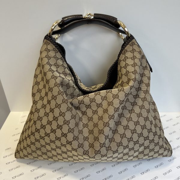 Gucci bege tecido tote com marrom Top Luxo